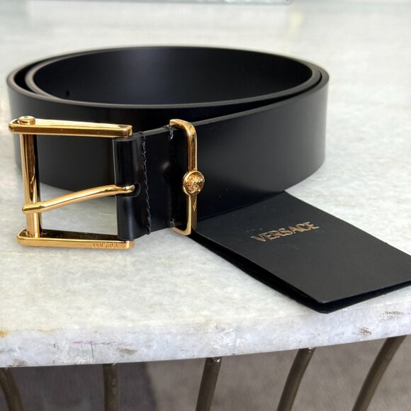 Versace Gold Buckle Black Calf Leather Belt 1011124 Italy, 90, 115, 120 - Picture 8 of 12